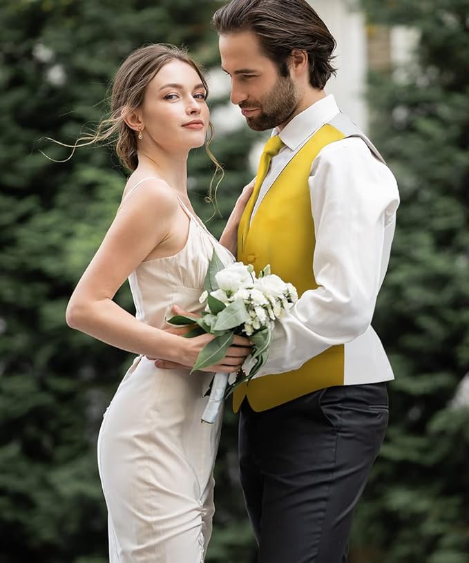Vittorio Farina Men's Satin Vest, Necktie, Bow Tie and Pocket Square Set (White Back)