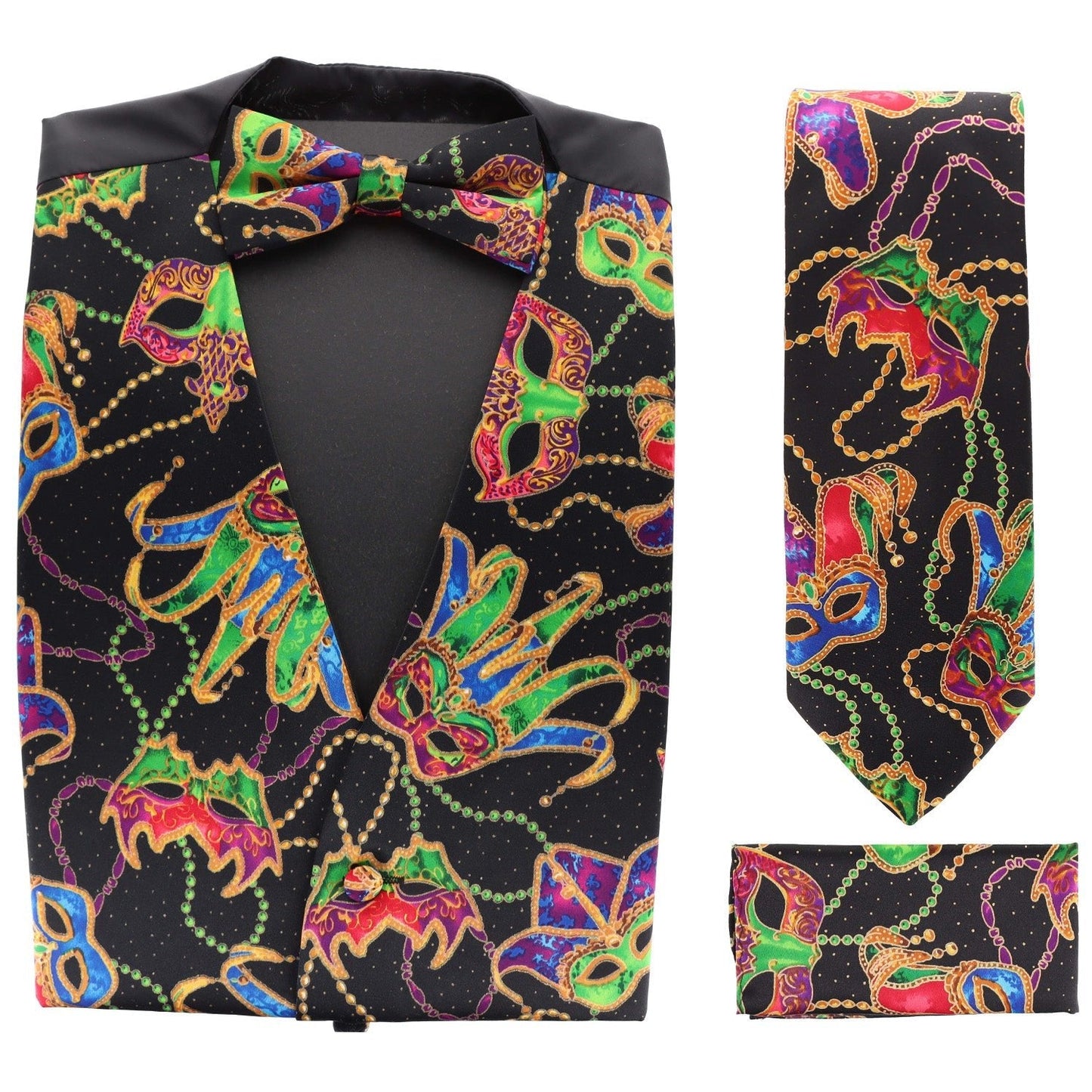 Vittorio Farina Men's Mardi Gras Satin Vest, Necktie, Bow Tie and Pocket Square Set