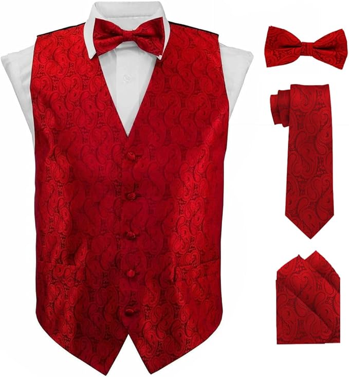 Vittorio Farina Men's Woven Paisley Vest, Necktie, Bow Tie and Pocket Square Set (Black Back)
