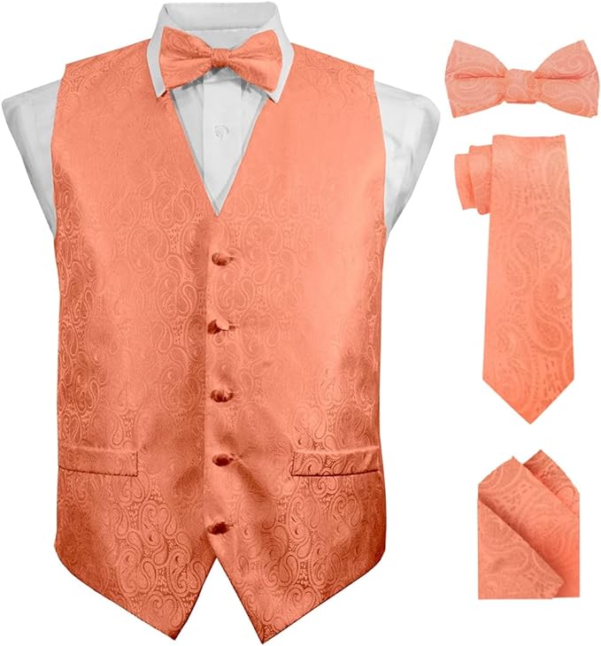 Vittorio Farina Men's Woven Paisley Vest, Necktie, Bow Tie and Pocket Square Set (Black Back)
