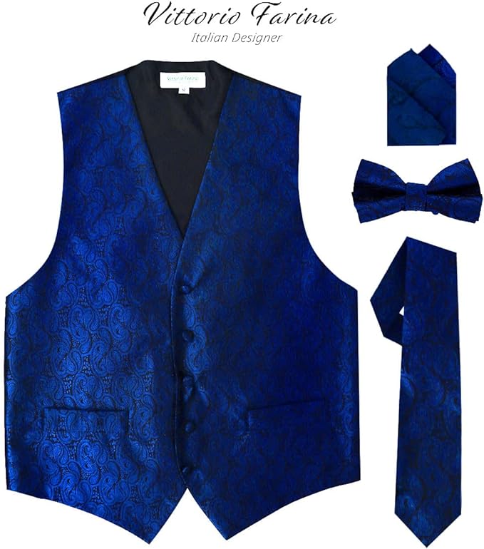 Vittorio Farina Men's Woven Paisley Vest, Necktie, Bow Tie and Pocket Square Set (Black Back)