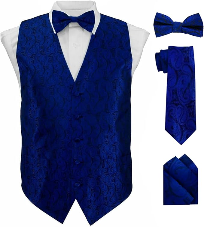 Vittorio Farina Men's Woven Paisley Vest, Necktie, Bow Tie and Pocket Square Set (Black Back)