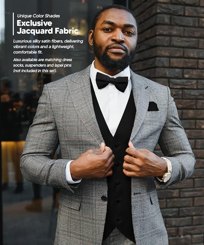 Vittorio Farina Men's Satin Vest, Necktie, Bow Tie and Pocket Square Set (Black Back)