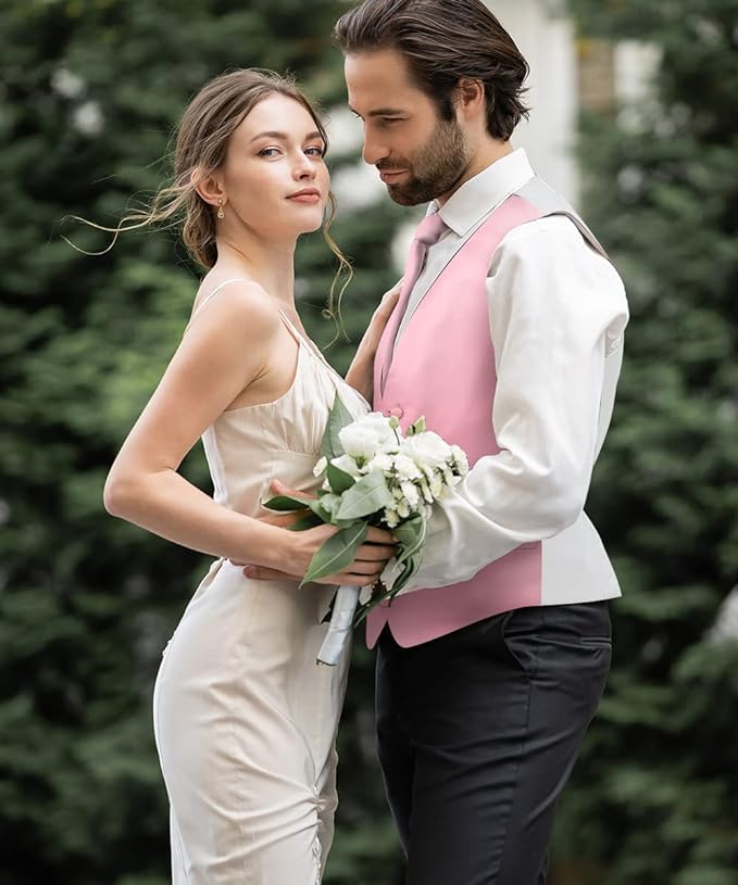 Vittorio Farina Men's Satin Vest, Necktie, Bow Tie and Pocket Square Set (White Back)