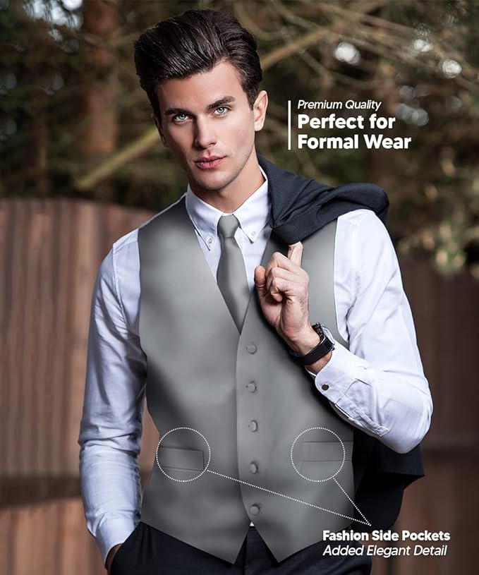 Vittorio Farina Men's Satin Vest, Necktie, Bow Tie and Pocket Square Set (White Back)