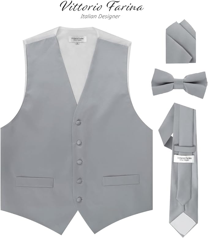Vittorio Farina Men's Satin Vest, Necktie, Bow Tie and Pocket Square Set (White Back)