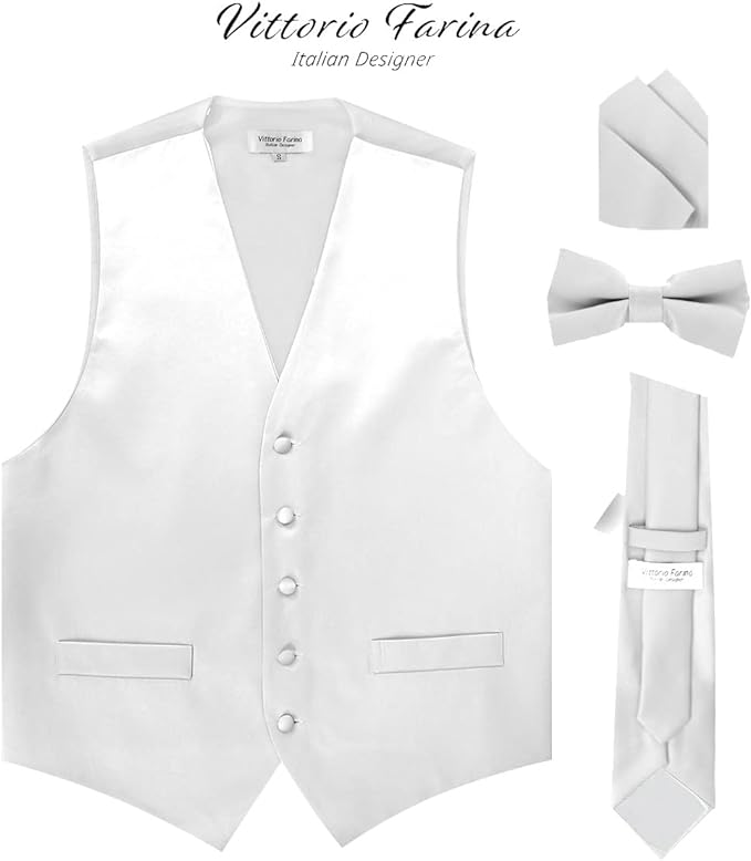 Vittorio Farina Men's Satin Vest, Necktie, Bow Tie and Pocket Square Set (White Back)