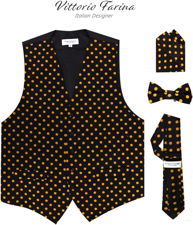 Vittorio Farina Men's White and Black Dot Polka Dot Vest, Necktie, Bow Tie and Pocket Square Set