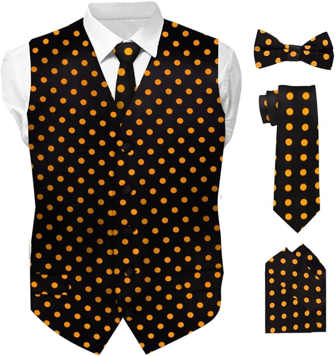 Vittorio Farina Men's White and Black Dot Polka Dot Vest, Necktie, Bow Tie and Pocket Square Set
