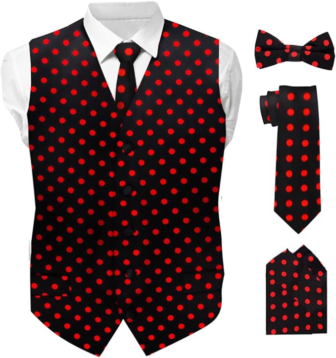 Vittorio Farina Men's White and Black Dot Polka Dot Vest, Necktie, Bow Tie and Pocket Square Set
