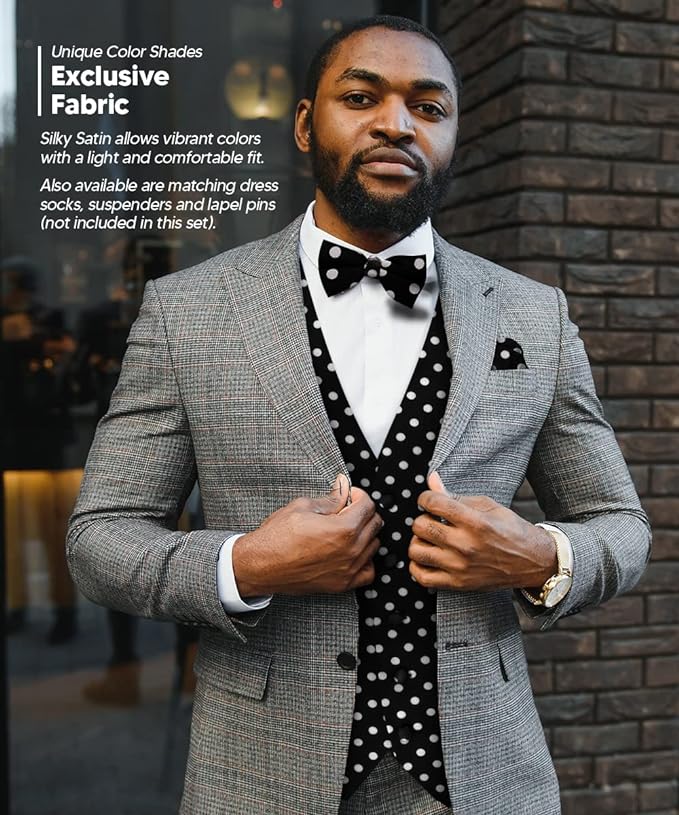 Vittorio Farina Men's White and Black Dot Polka Dot Vest, Necktie, Bow Tie and Pocket Square Set