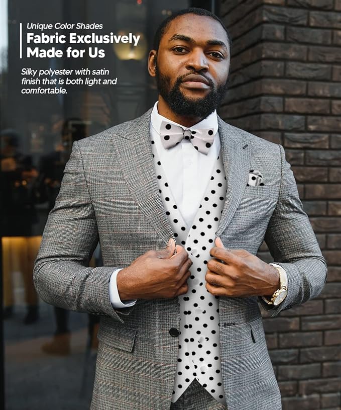 Vittorio Farina Men's White and Black Dot Polka Dot Vest, Necktie, Bow Tie and Pocket Square Set