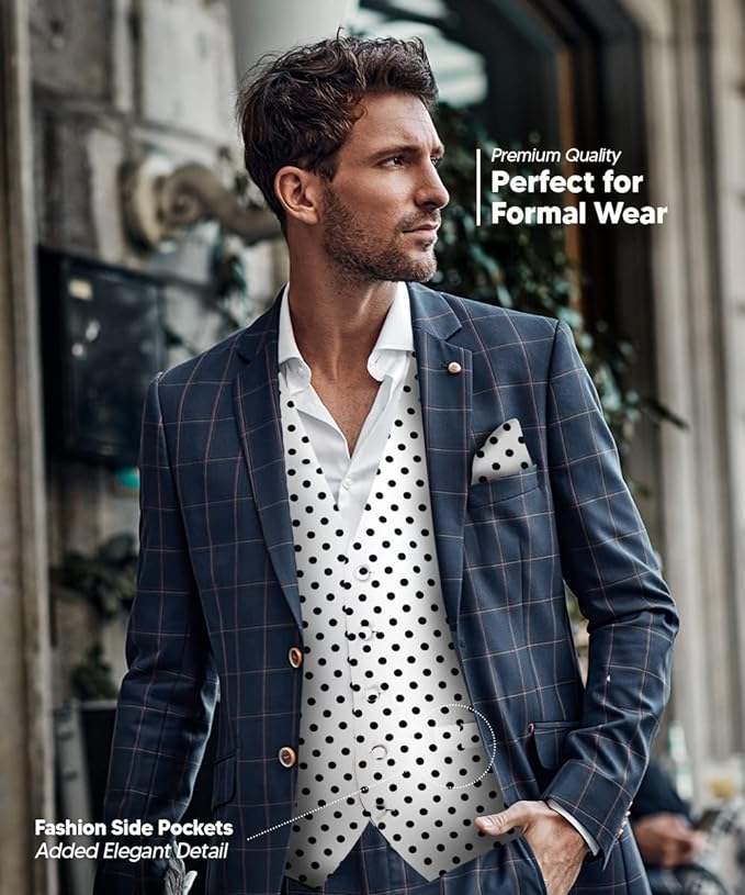 Vittorio Farina Men's White and Black Dot Polka Dot Vest, Necktie, Bow Tie and Pocket Square Set