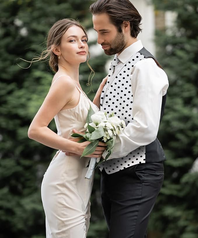 Vittorio Farina Men's White and Black Dot Polka Dot Vest, Necktie, Bow Tie and Pocket Square Set