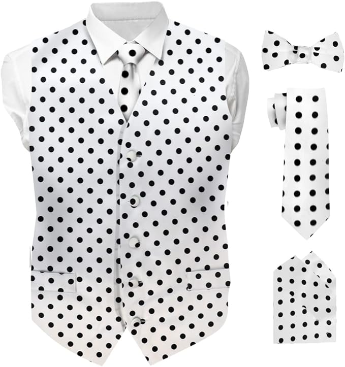 Vittorio Farina Men's White and Black Dot Polka Dot Vest, Necktie, Bow Tie and Pocket Square Set