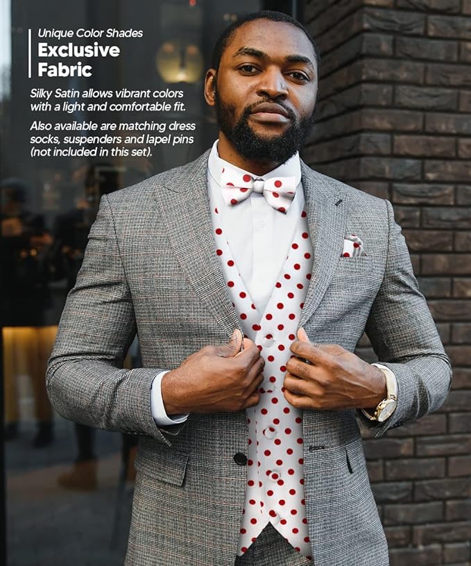 Vittorio Farina Men's White and Black Dot Polka Dot Vest, Necktie, Bow Tie and Pocket Square Set