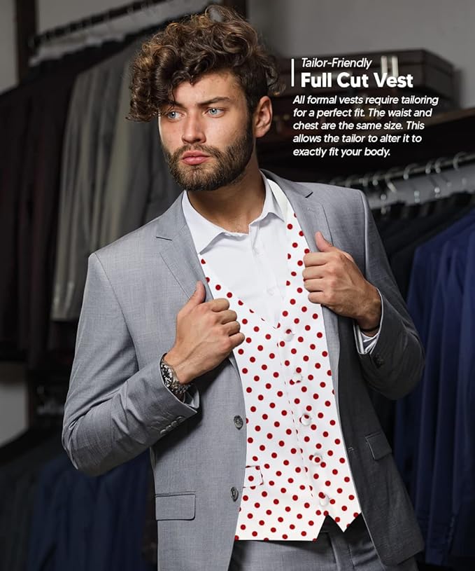 Vittorio Farina Men's White and Black Dot Polka Dot Vest, Necktie, Bow Tie and Pocket Square Set