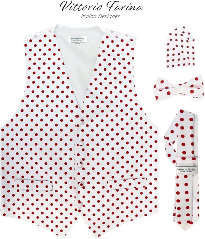 Vittorio Farina Men's White and Black Dot Polka Dot Vest, Necktie, Bow Tie and Pocket Square Set