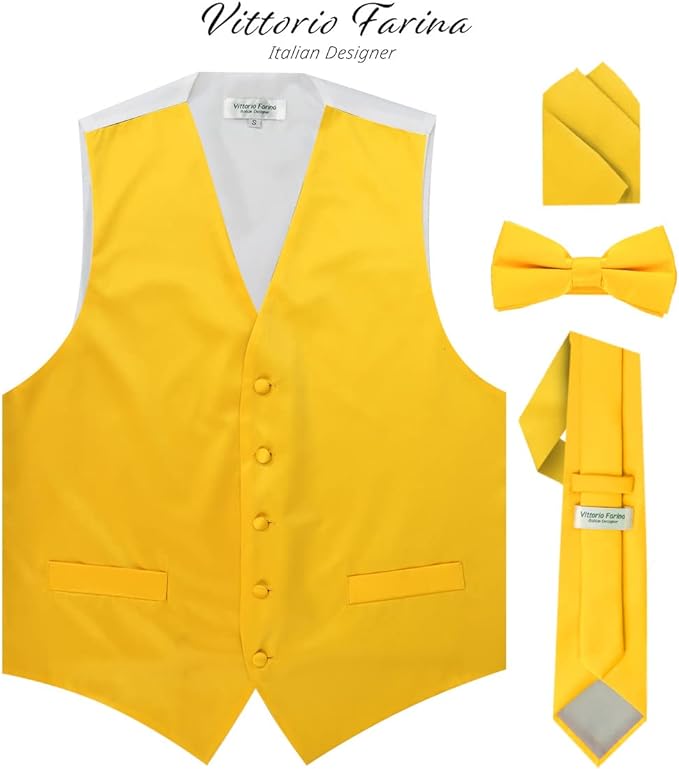 Vittorio Farina Men's Satin Vest, Necktie, Bow Tie and Pocket Square Set (White Back)