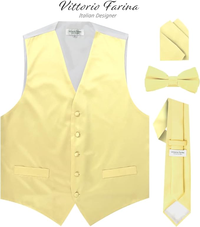 Vittorio Farina Men's Satin Vest, Necktie, Bow Tie and Pocket Square Set (White Back)