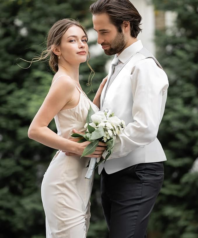 Vittorio Farina Men's Satin Vest, Necktie, Bow Tie and Pocket Square Set (White Back)