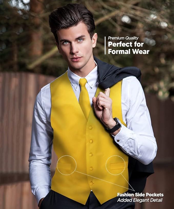 Vittorio Farina Men's Satin Vest, Necktie, Bow Tie and Pocket Square Set (White Back)