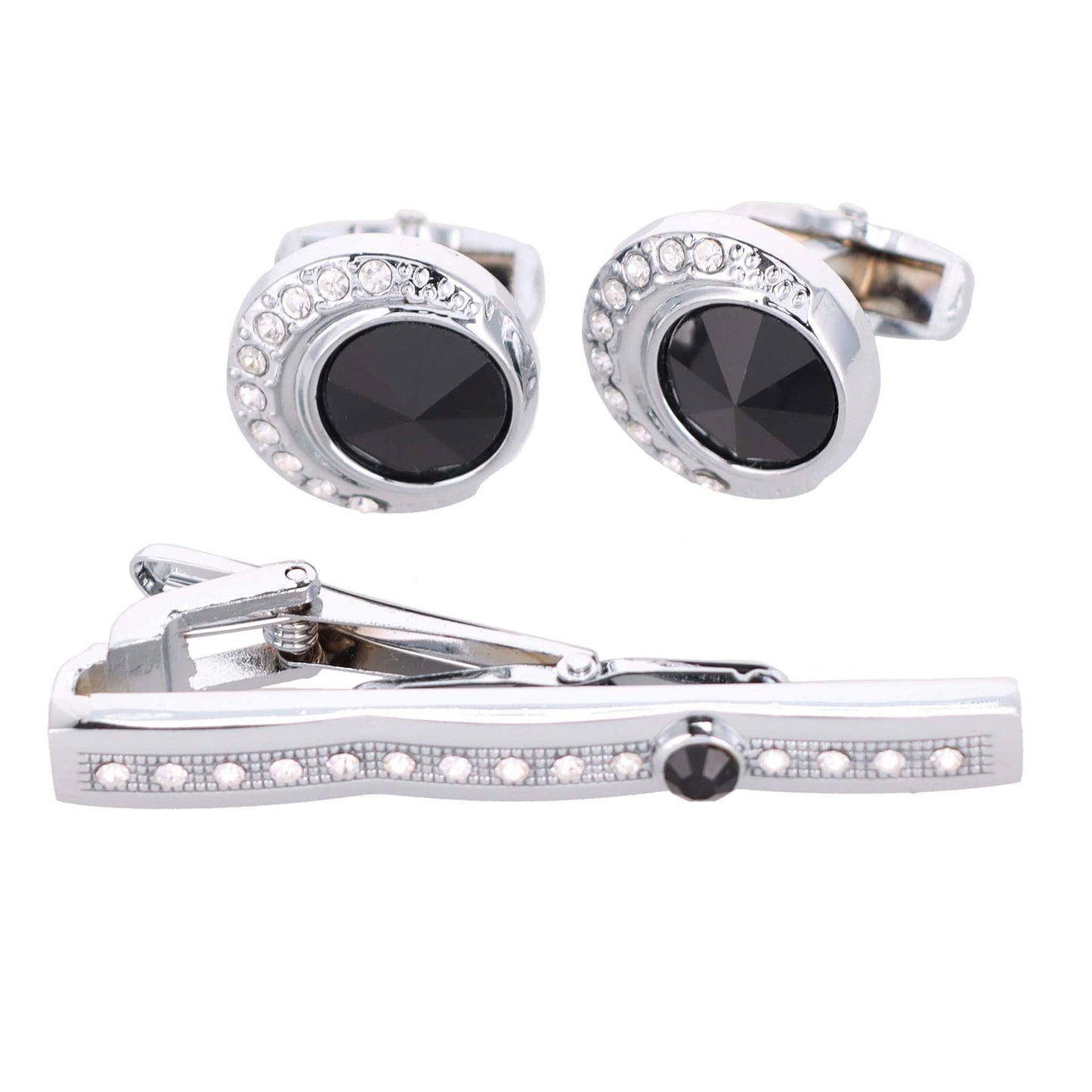 Vittorio Vico Silver Rhinestone Cufflink & Tie Bar Set in Gift Box