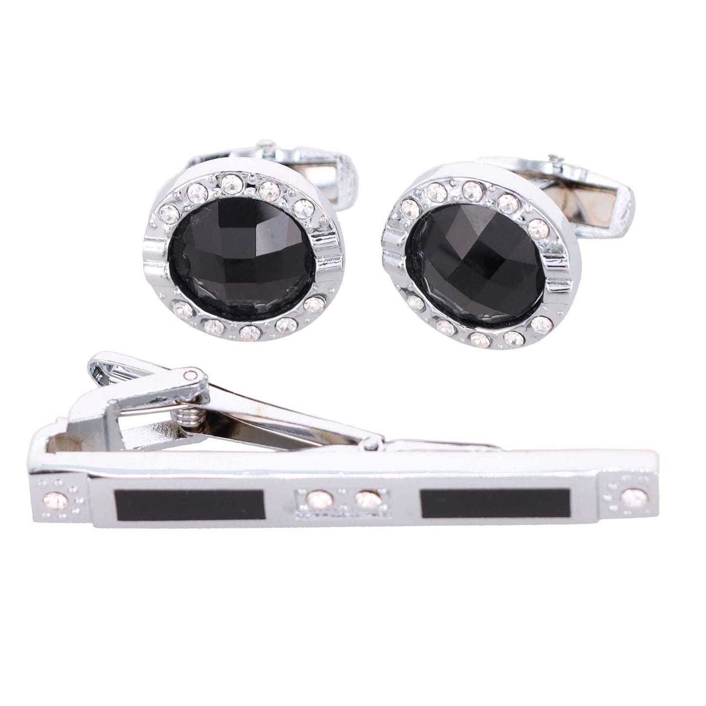 Vittorio Vico Silver Rhinestone Cufflink & Tie Bar Set in Gift Box