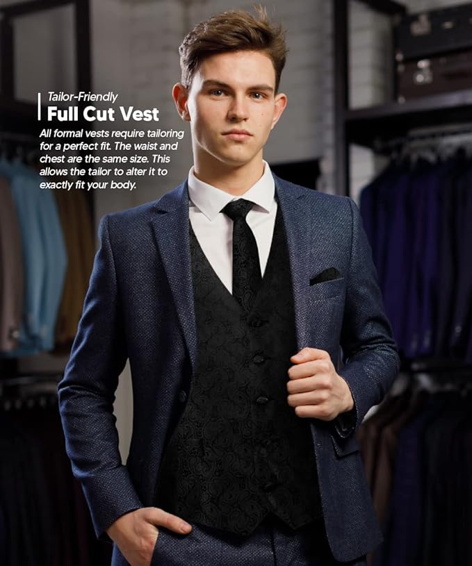 Vittorio Farina Men's Woven Paisley Vest, Necktie, Bow Tie and Pocket Square Set (Black Back)