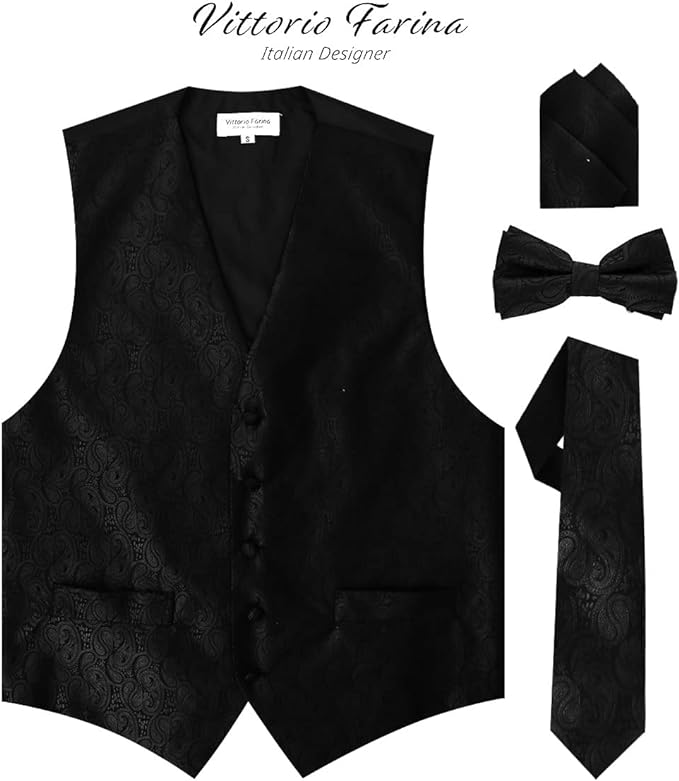 Vittorio Farina Men's Woven Paisley Vest, Necktie, Bow Tie and Pocket Square Set (Black Back)