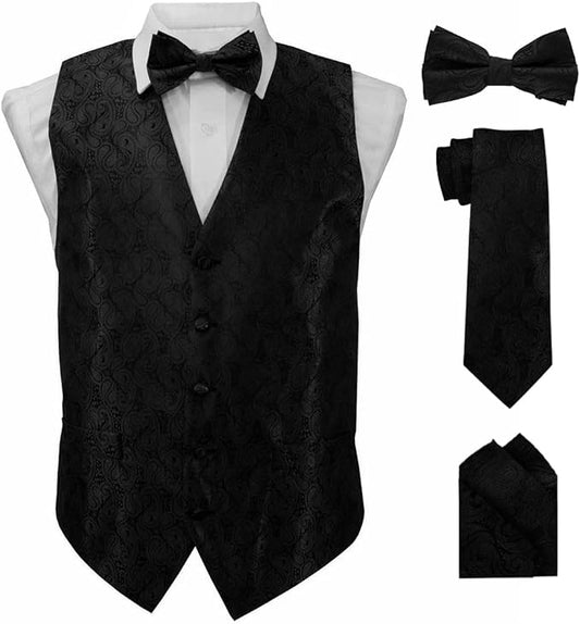 Vittorio Farina Men's Woven Paisley Vest, Necktie, Bow Tie and Pocket Square Set (Black Back)