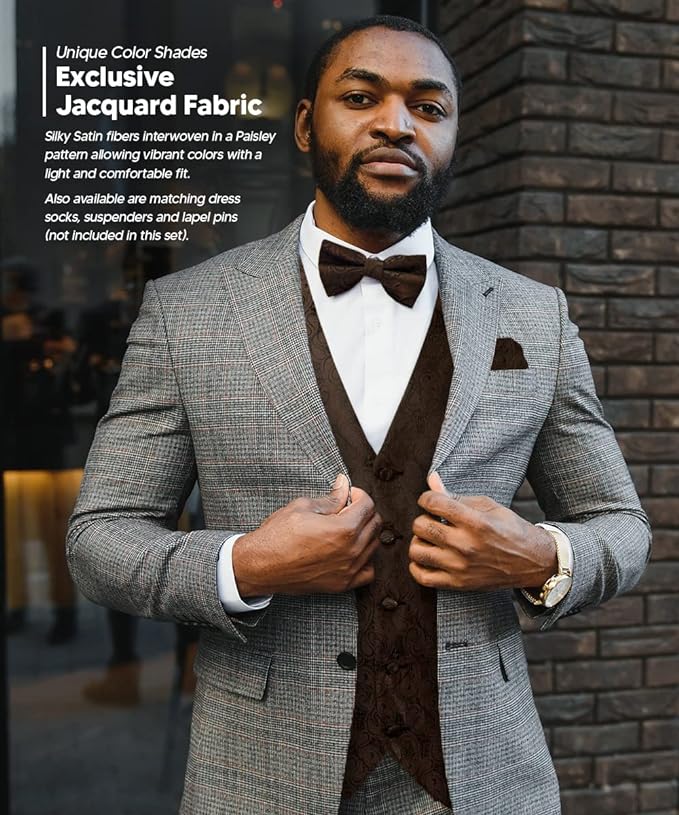 Vittorio Farina Men's Woven Paisley Vest, Necktie, Bow Tie and Pocket Square Set (Black Back)