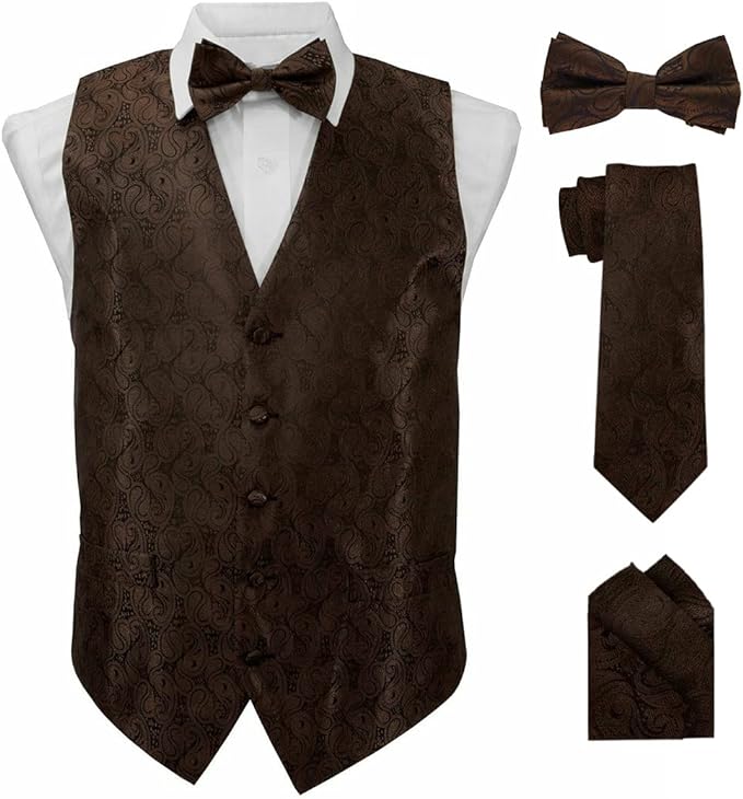 Vittorio Farina Men's Woven Paisley Vest, Necktie, Bow Tie and Pocket Square Set (Black Back)