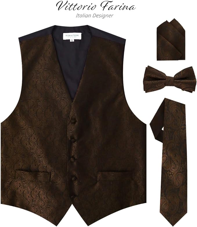 Vittorio Farina Men's Woven Paisley Vest, Necktie, Bow Tie and Pocket Square Set (Black Back)