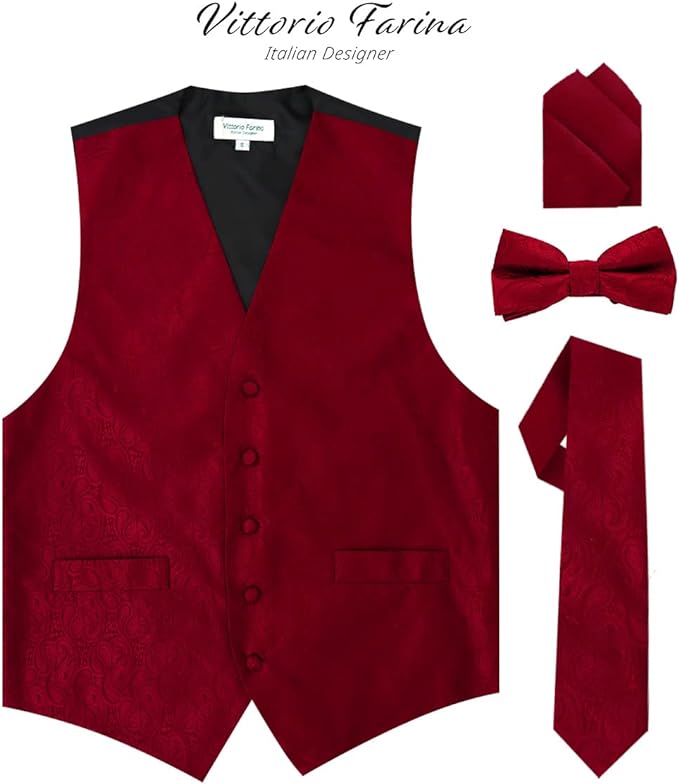 Vittorio Farina Men's Woven Paisley Vest, Necktie, Bow Tie and Pocket Square Set (Black Back)