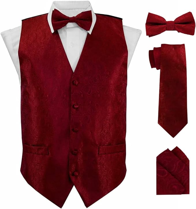 Vittorio Farina Men's Woven Paisley Vest, Necktie, Bow Tie and Pocket Square Set (Black Back)