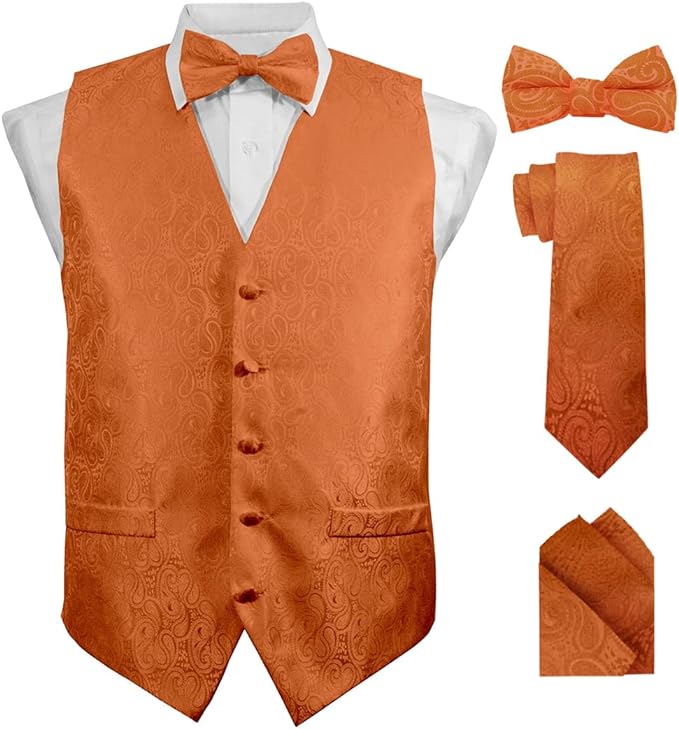 Vittorio Farina Men's Woven Paisley Vest, Necktie, Bow Tie and Pocket Square Set (Black Back)