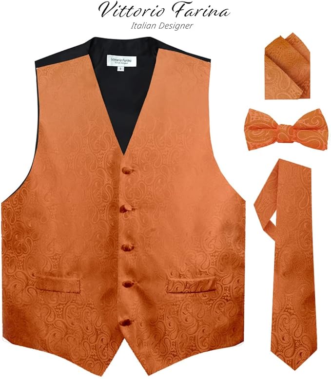 Vittorio Farina Men's Woven Paisley Vest, Necktie, Bow Tie and Pocket Square Set (Black Back)