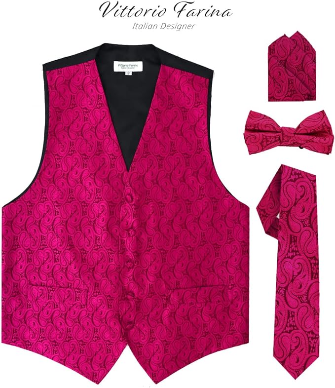 Vittorio Farina Men's Woven Paisley Vest, Necktie, Bow Tie and Pocket Square Set (Black Back)