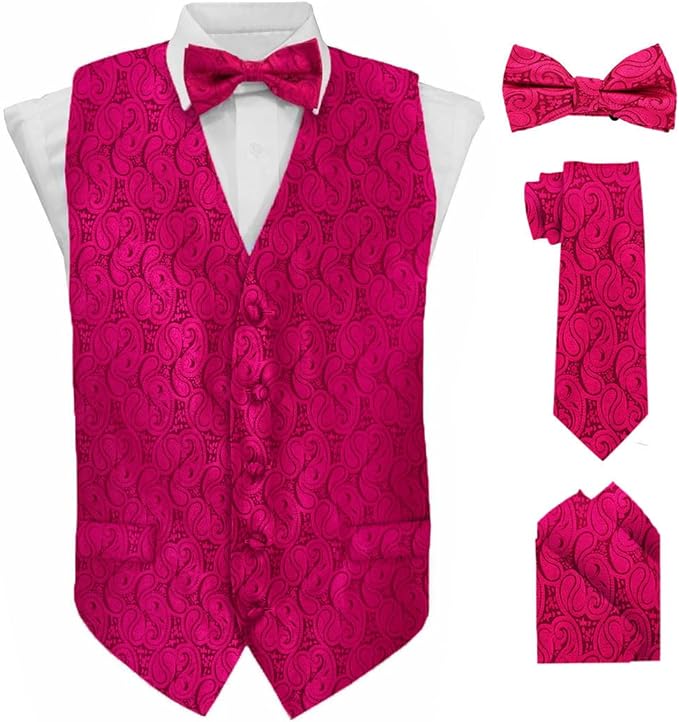Vittorio Farina Men's Woven Paisley Vest, Necktie, Bow Tie and Pocket Square Set (Black Back)