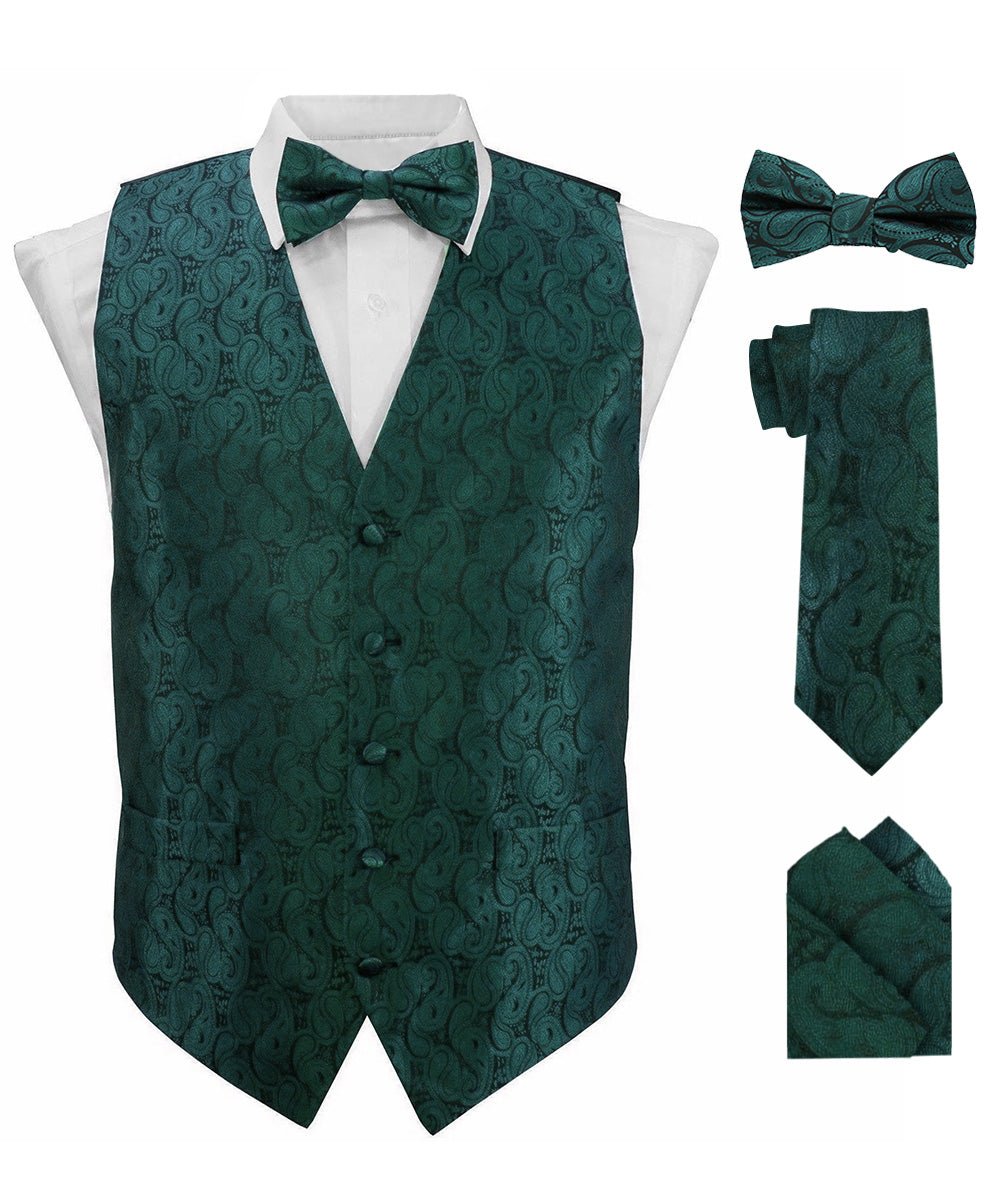 Vittorio Farina Men's Woven Paisley Vest, Necktie, Bow Tie and Pocket Square Set (Black Back)