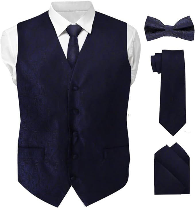 Vittorio Farina Men's Woven Paisley Vest, Necktie, Bow Tie and Pocket Square Set (Black Back)