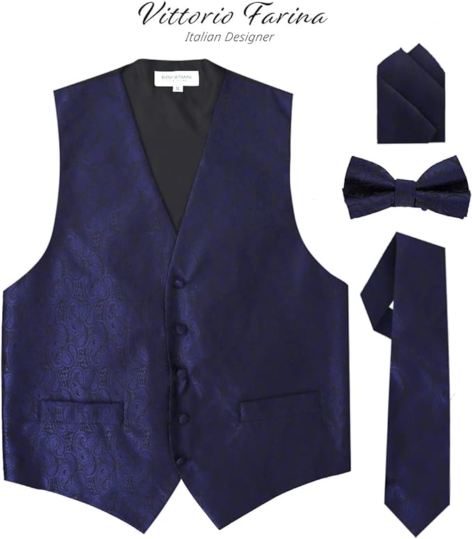 Vittorio Farina Men's Woven Paisley Vest, Necktie, Bow Tie and Pocket Square Set (Black Back)