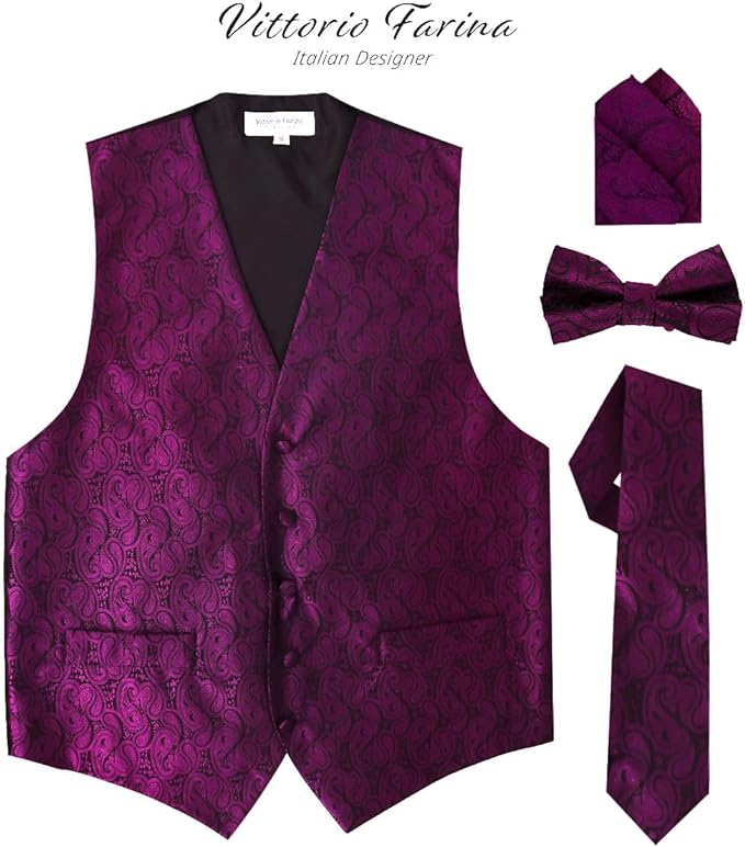 Vittorio Farina Men's Woven Paisley Vest, Necktie, Bow Tie and Pocket Square Set (Black Back)