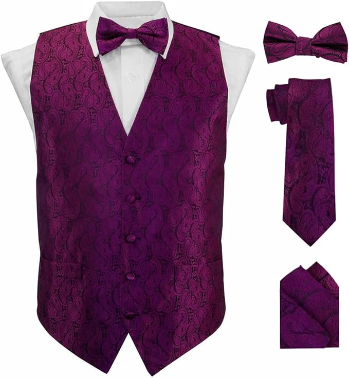 Vittorio Farina Men's Woven Paisley Vest, Necktie, Bow Tie and Pocket Square Set (Black Back)
