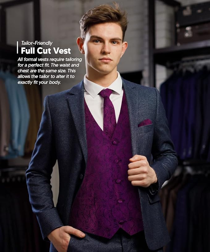 Vittorio Farina Men's Woven Paisley Vest, Necktie, Bow Tie and Pocket Square Set (Black Back)