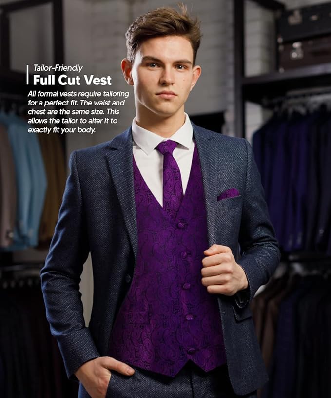 Vittorio Farina Men's Woven Paisley Vest, Necktie, Bow Tie and Pocket Square Set (Black Back)