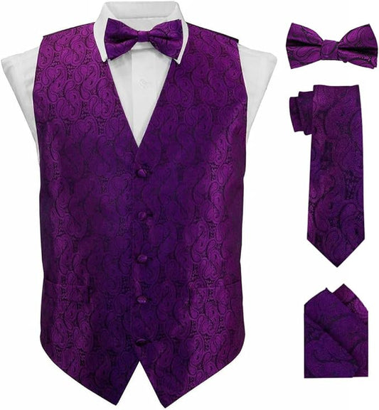 Vittorio Farina Men's Woven Paisley Vest, Necktie, Bow Tie and Pocket Square Set (Black Back)