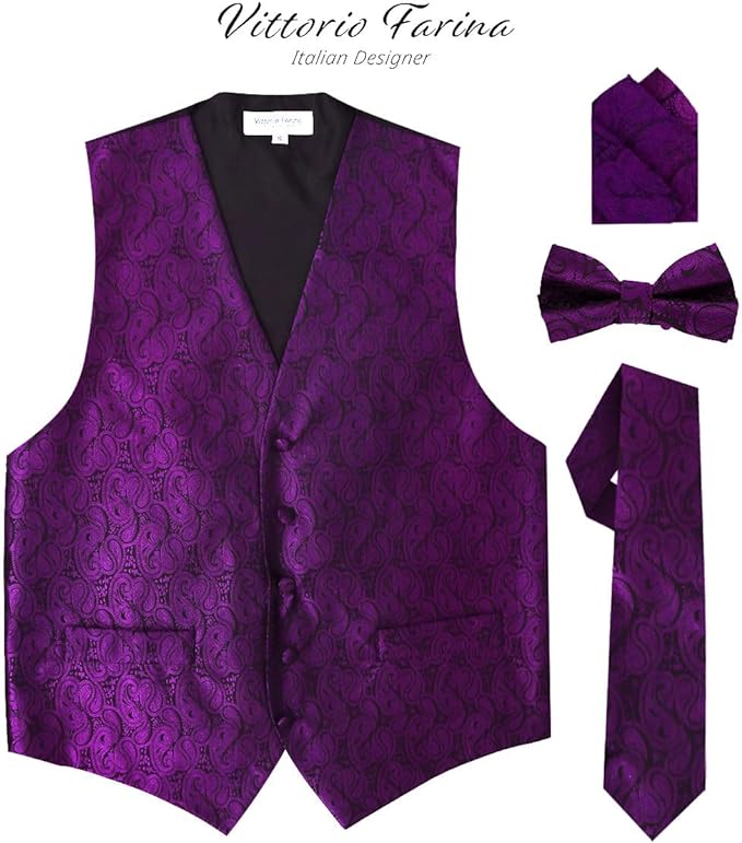 Vittorio Farina Men's Woven Paisley Vest, Necktie, Bow Tie and Pocket Square Set (Black Back)
