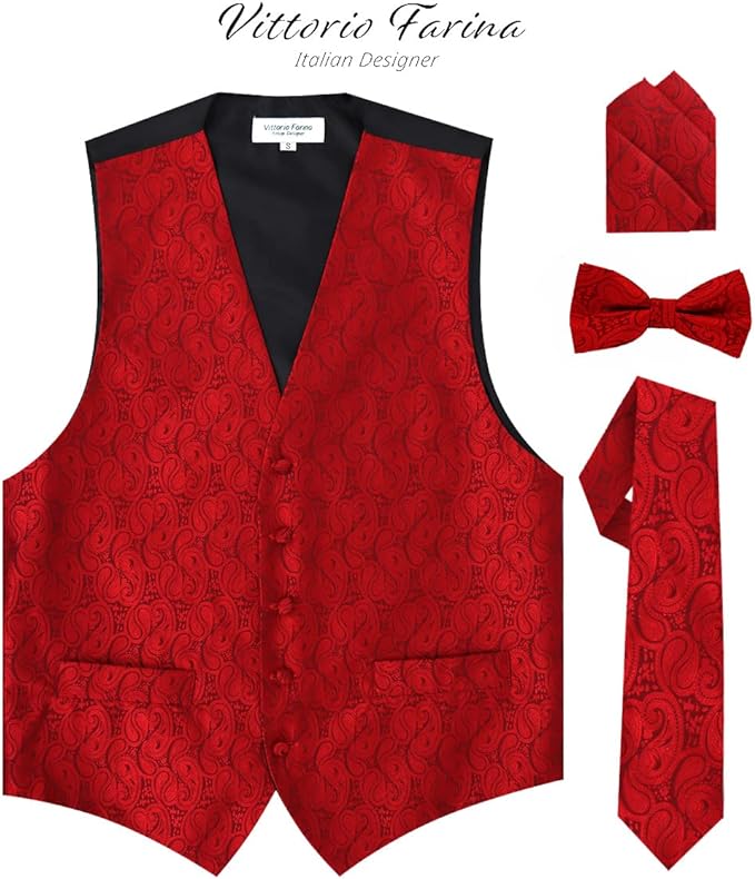 Vittorio Farina Men's Woven Paisley Vest, Necktie, Bow Tie and Pocket Square Set (Black Back)